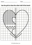Grid-based symmetry drawing worksheet for completing a heart shape.