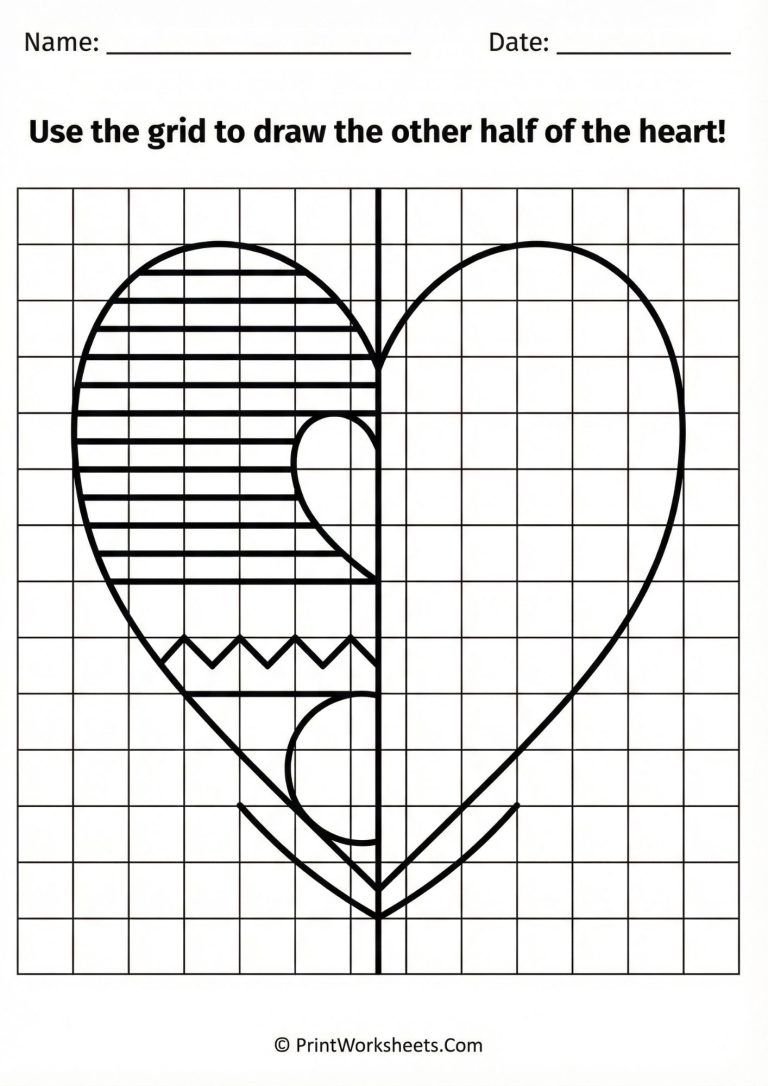 Grid-based symmetry drawing worksheet for completing a heart shape.