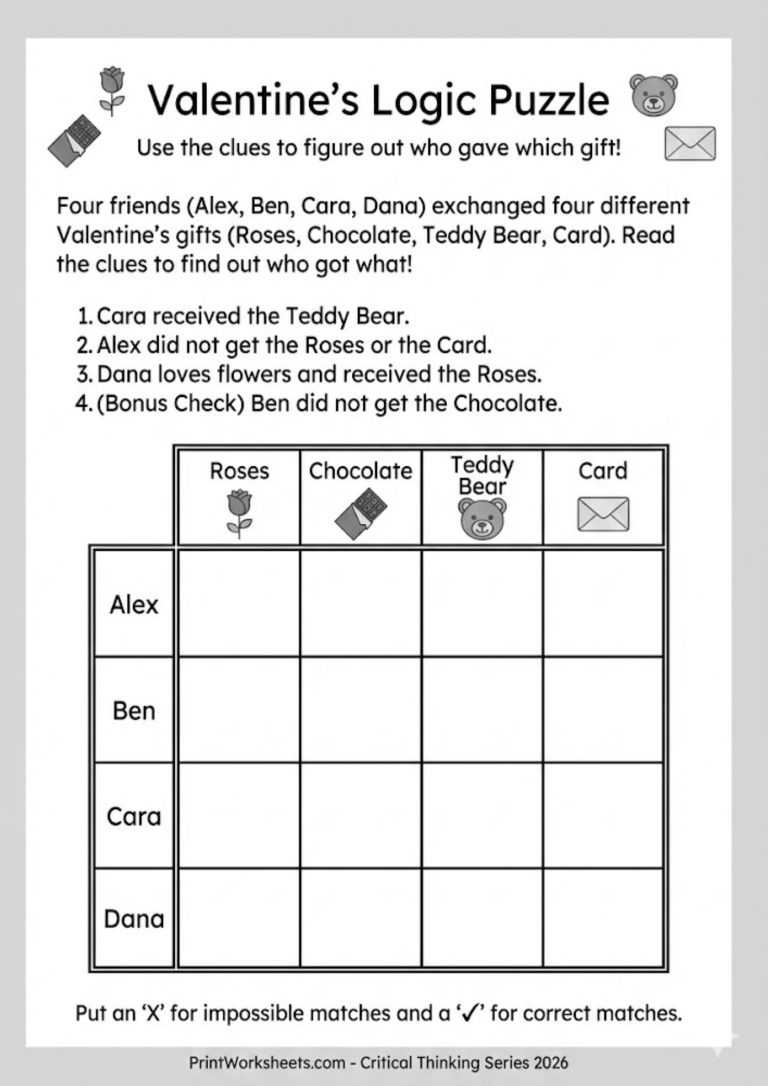 Printable Valentine's gift mystery logic grid puzzle for older kids to solve using deductive reasoning.