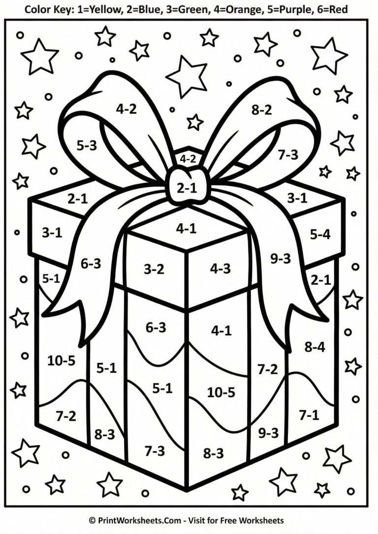 valentine Blank gift box subtraction worksheet within 10, ideal for 1st grade math practice