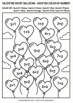 Blank heart balloons addition worksheet, sums up to 10, color by answer for 1st grade