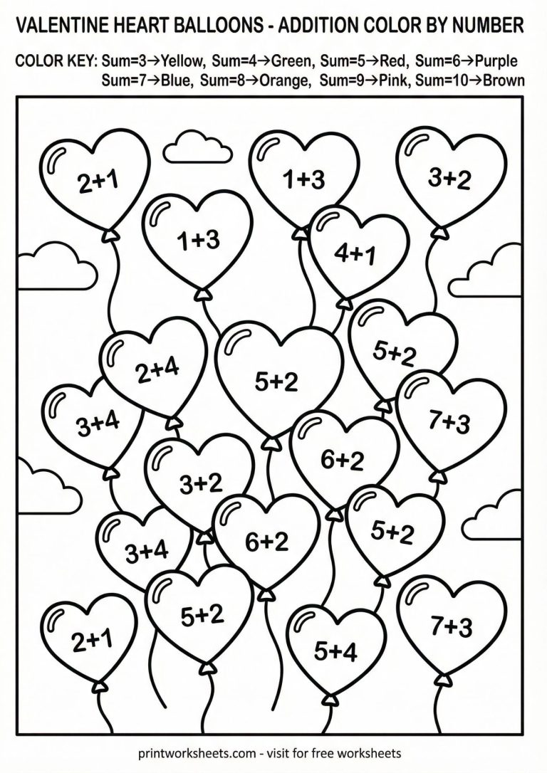 Blank heart balloons addition worksheet, sums up to 10, color by answer for 1st grade