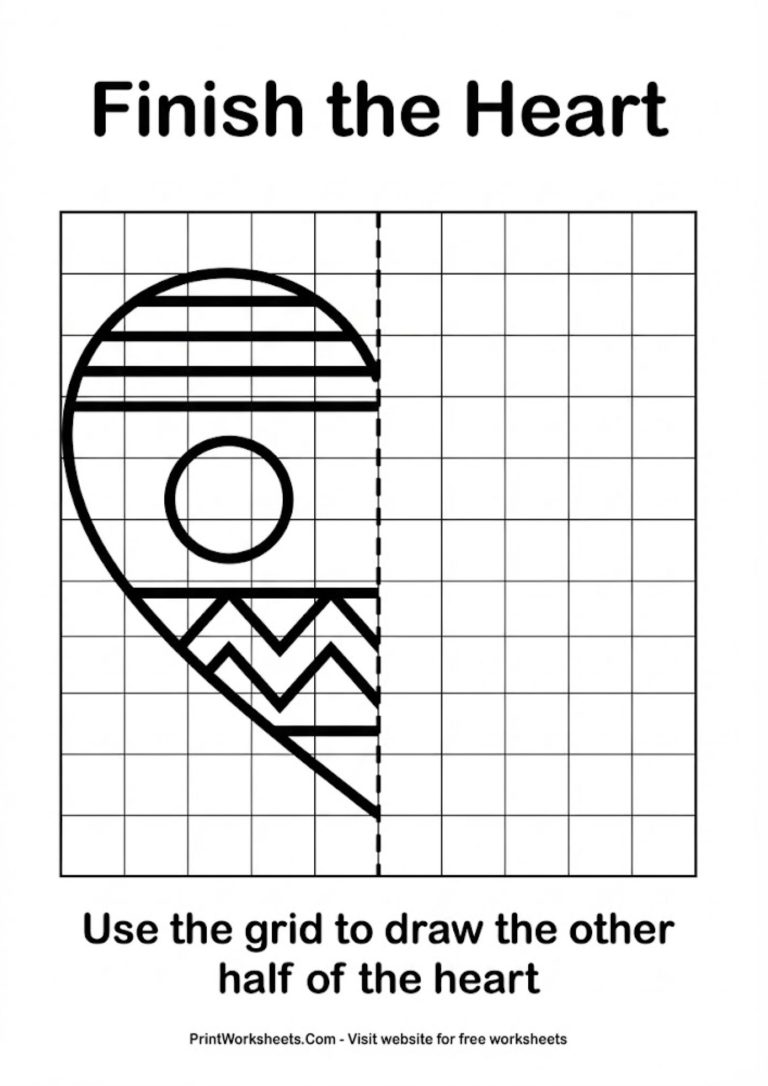 Valentine heart symmetry drawing worksheet challenging kids to complete the other half of the image.