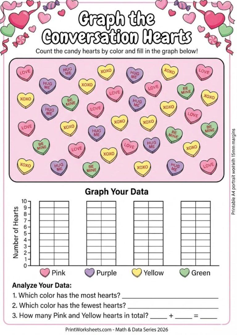 Printable Valentine's Day math worksheet for counting candy hearts and creating a bar graph with the data.