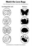 Valentine love bug shadow matching worksheet for kids to practice visual discrimination skills.