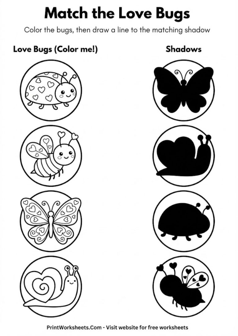Valentine love bug shadow matching worksheet for kids to practice visual discrimination skills.