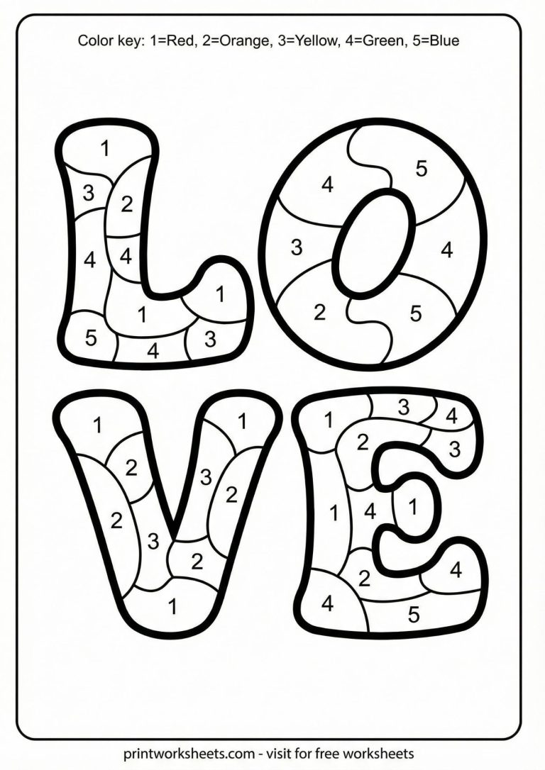Rainbow 'LOVE' bubble letters color by number for kindergarten, numbers 1-5