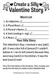 Printable Valentine's Day "Mad Libs" style fill-in-the-blanks story worksheet for grammar practice.