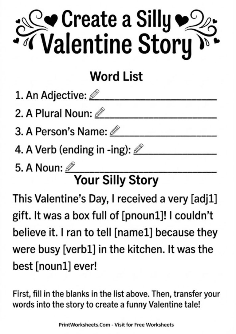 Printable Valentine's Day "Mad Libs" style fill-in-the-blanks story worksheet for grammar practice.