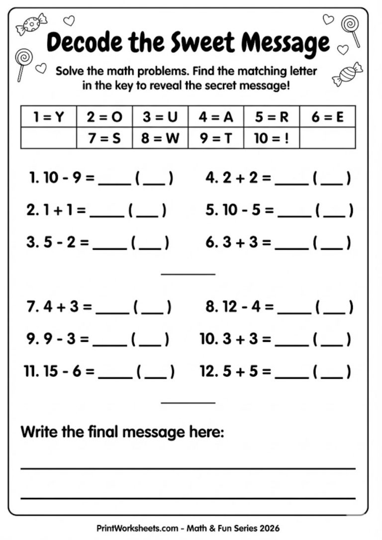Printable Valentine math worksheet where solving arithmetic problems decodes a secret holiday message