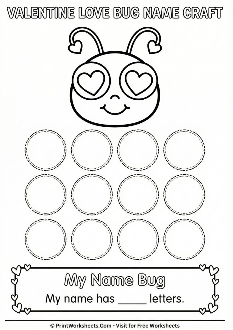 A Valentine's Day cut and paste activity where kids write their name on caterpillar circles.