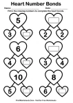 Valentine's Day themed number bonds worksheet for decomposing numbers.