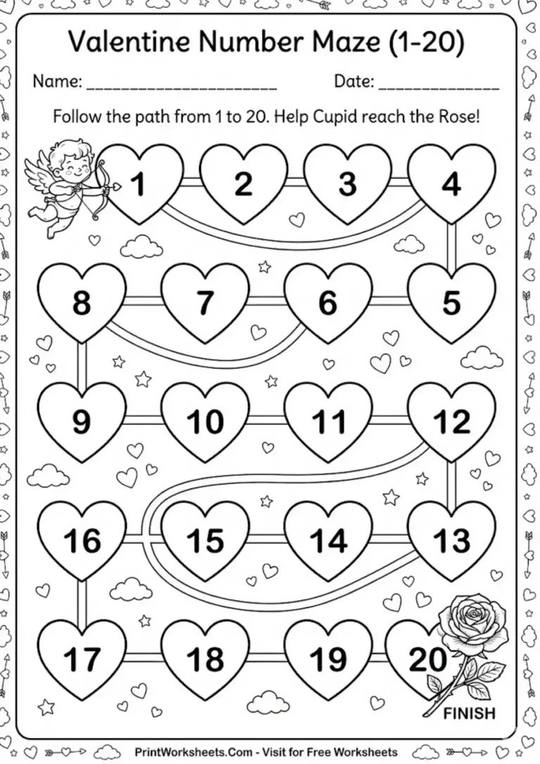 Valentine's Day numbered maze worksheet for kindergarten. A snake-like path of 20 connected hearts where students trace from number 1 (Cupid) to 20 (Rose). Printable activity by PrintWorksheets.com.