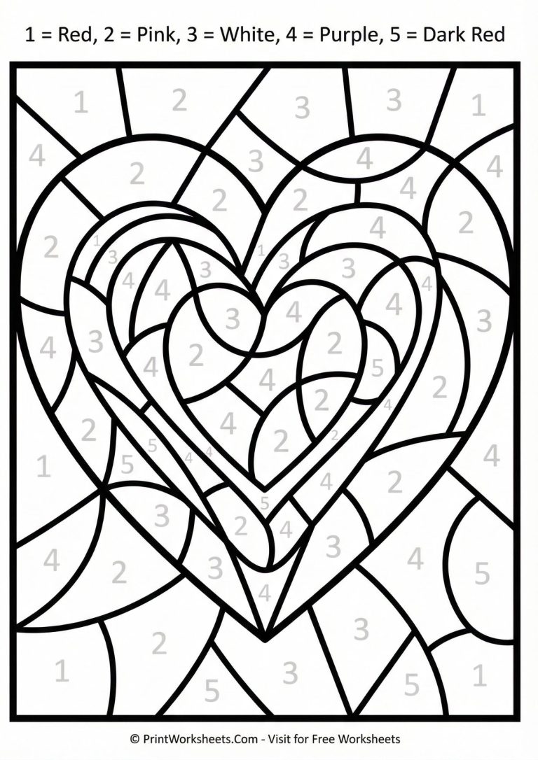 Blank Valentine heart color by number worksheet for preschoolers, numbers 1-5 with color key