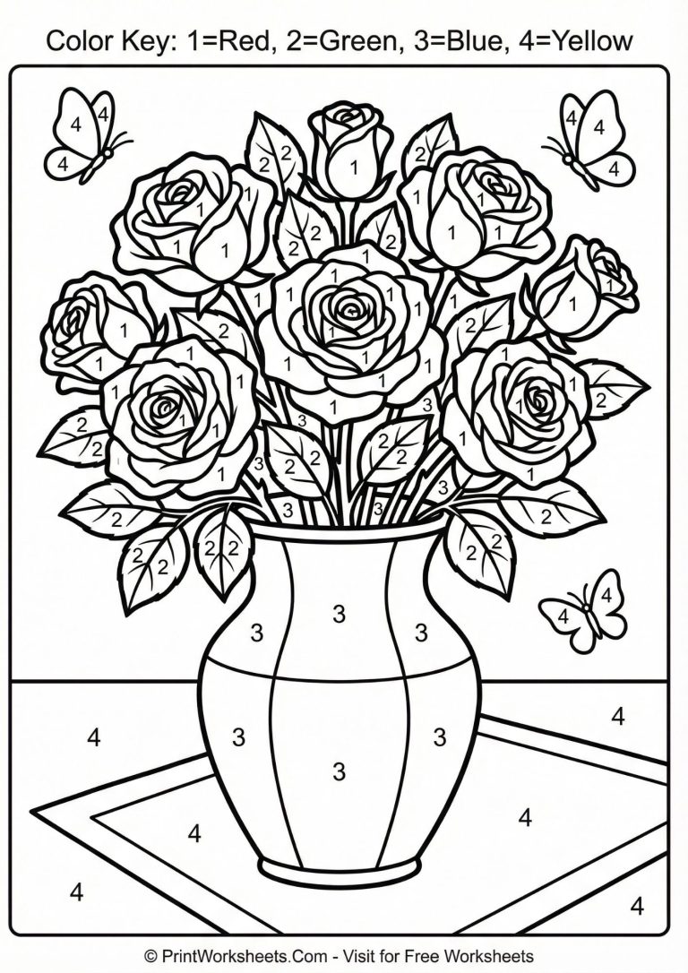 Valentine roses bouquet color by number worksheet, numbers 1-7 for preschool