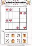 Printable Valentine's Day picture Sudoku game worksheet for kids logic practice.