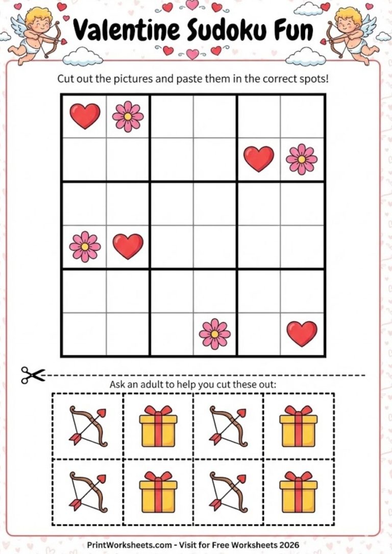 Printable Valentine's Day picture Sudoku game worksheet for kids logic practice.
