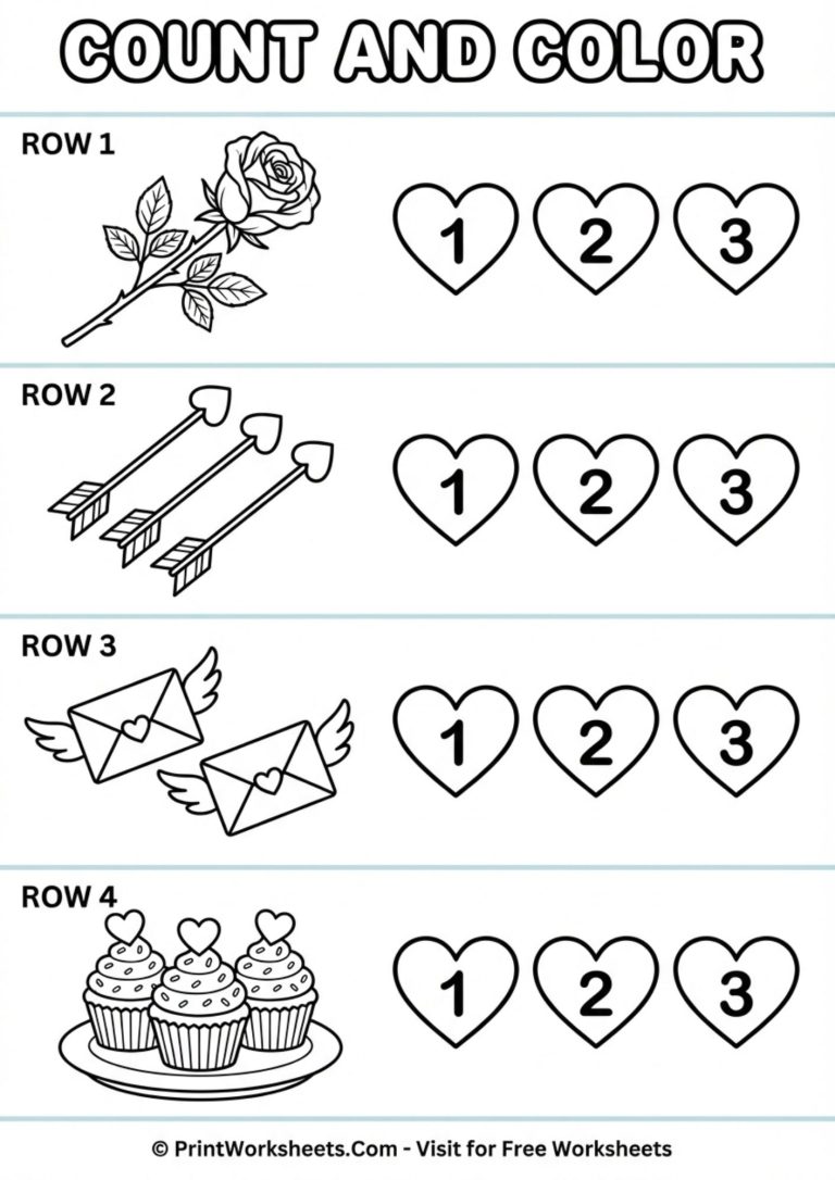 Phonological awareness worksheet counting syllables in Valentine words like chocolate and rose