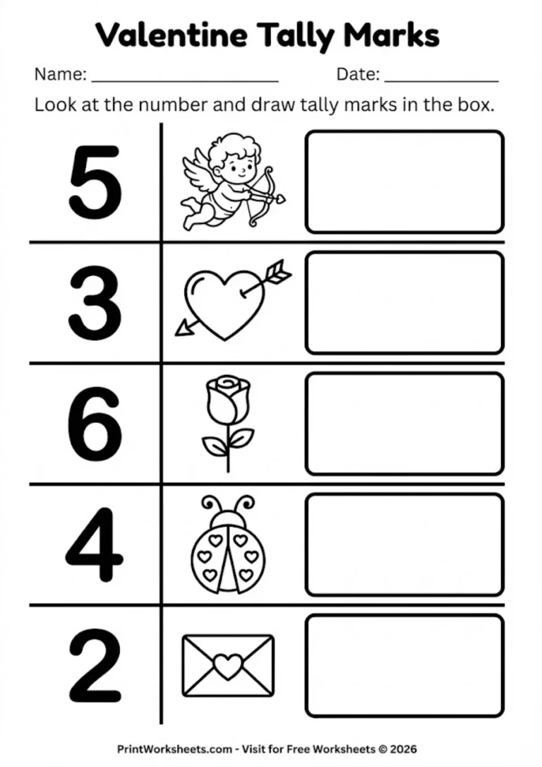 Tally marks practice sheet for kindergarten math centers with Valentine theme.