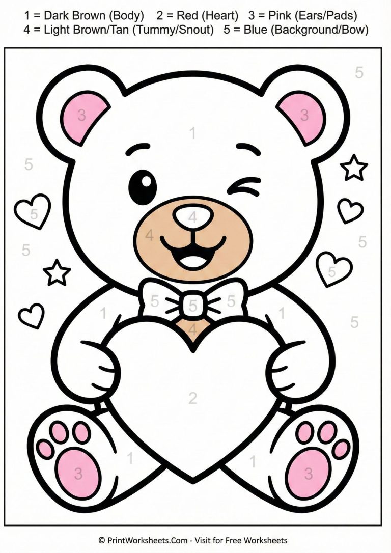 valentine Fun teddy bear blank color by number worksheet, numbers 1-6, perfect for kindergarten