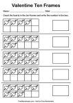 Kindergarten ten frame worksheet with Valentine hearts theme for math practice.
