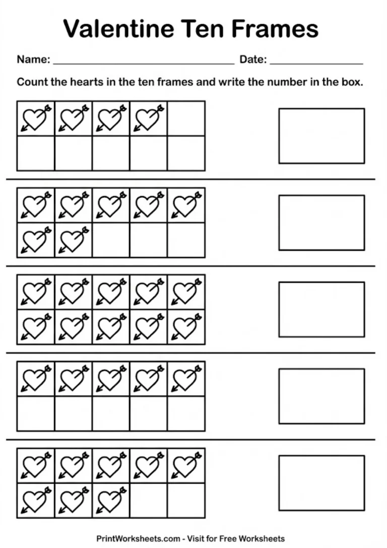 Kindergarten ten frame worksheet with Valentine hearts theme for math practice.