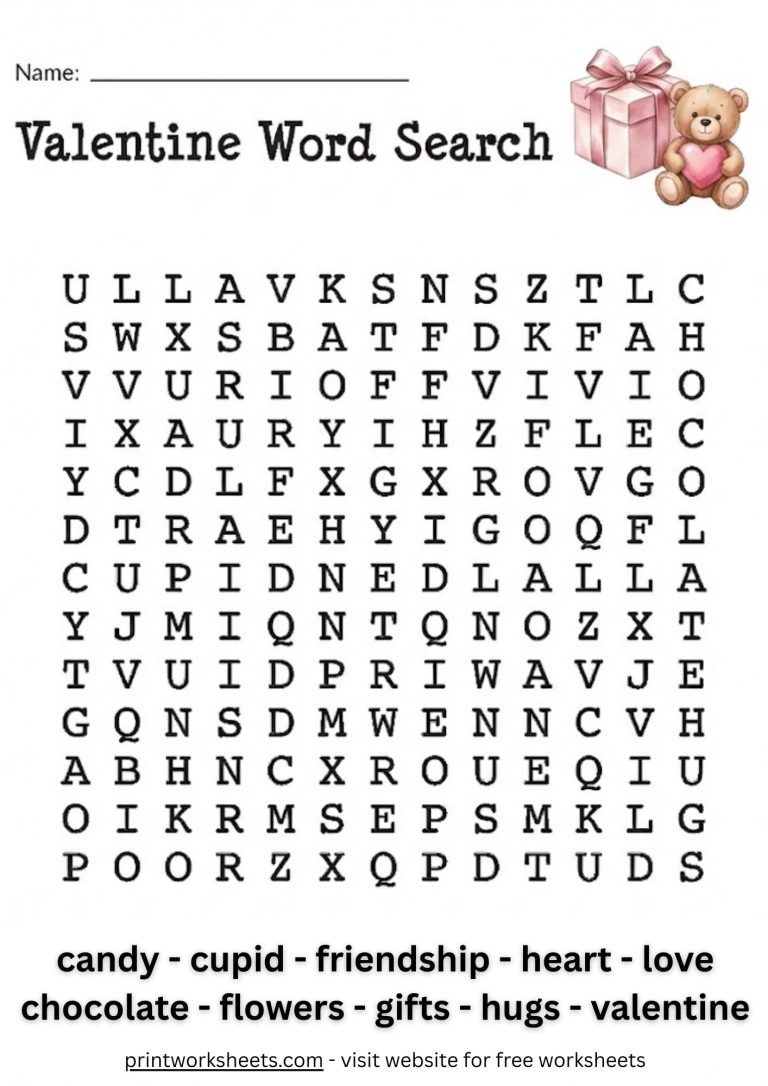 Printable Valentine word search puzzle worksheet designed for grade school students.