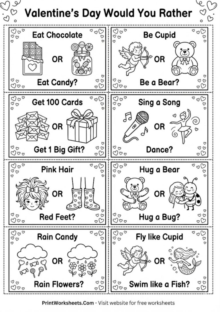 Printable "Would You Rather" game cards featuring fun Valentine's Day themed questions for kids.