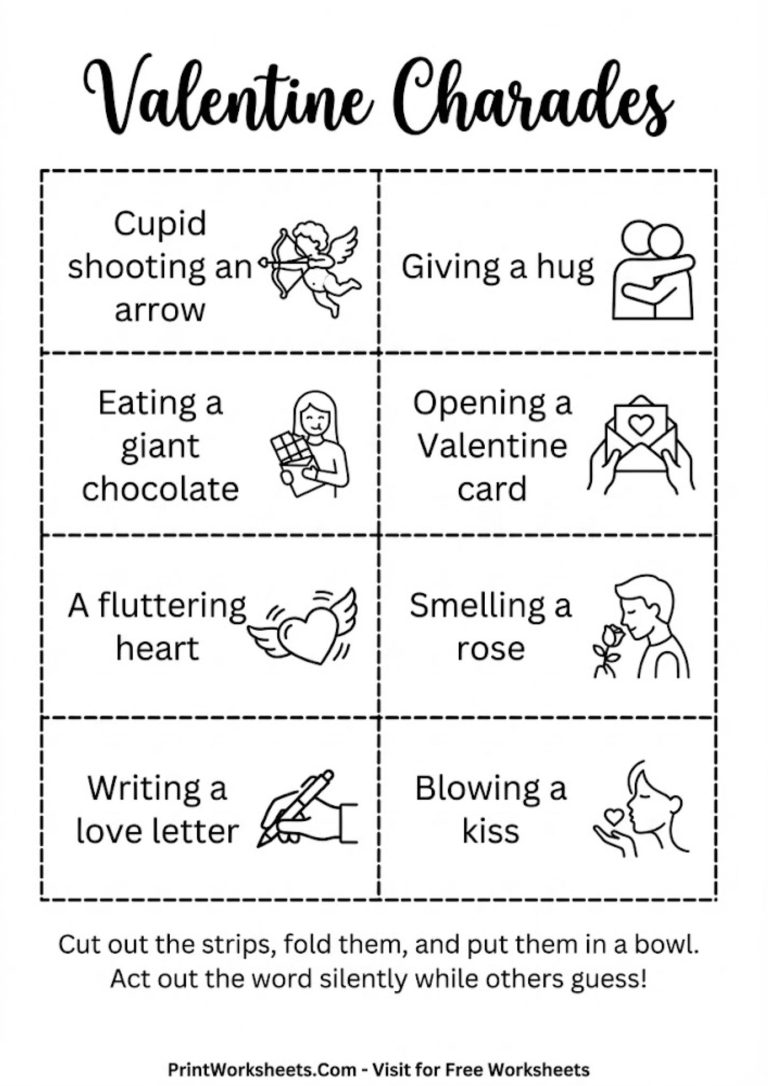 Printable word strips for a Valentine's Day Charades party game for groups and classrooms.