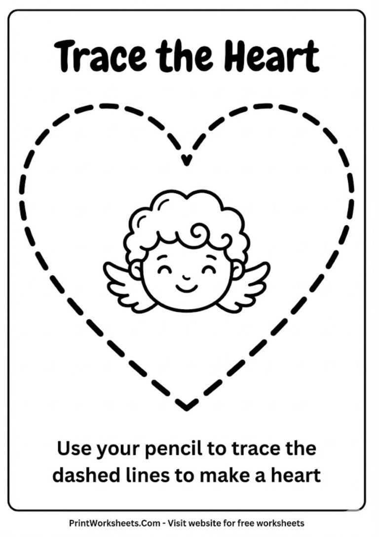 Preschool Valentine's Day heart tracing worksheet for fine motor skill practice.