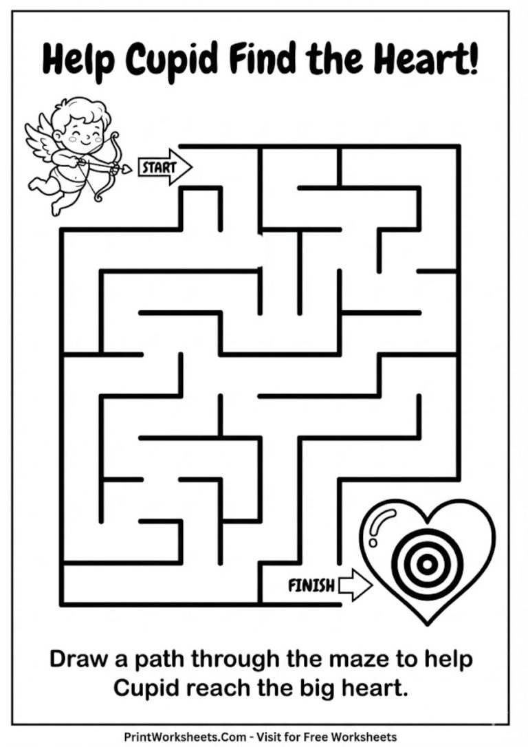 Simple Valentine's Day maze printable designed for kindergarten students to solve.
