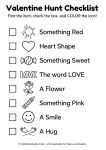 Printable Valentine's Day scavenger hunt checklist of holiday items for kids to find.