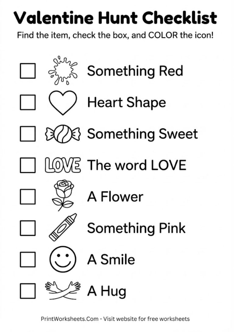 Printable Valentine's Day scavenger hunt checklist of holiday items for kids to find.