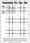 Printable Valentine's Day Tic-Tac-Toe game worksheet featuring hearts and arrows instead of X and O.