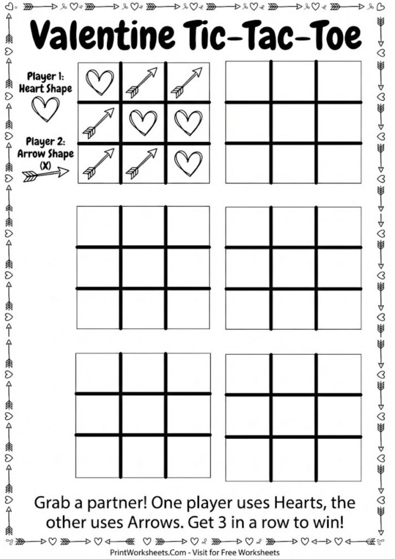 Printable Valentine's Day Tic-Tac-Toe game worksheet featuring hearts and arrows instead of X and O.