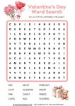 Free printable Valentine's Day word search worksheet featuring common holiday vocabulary.