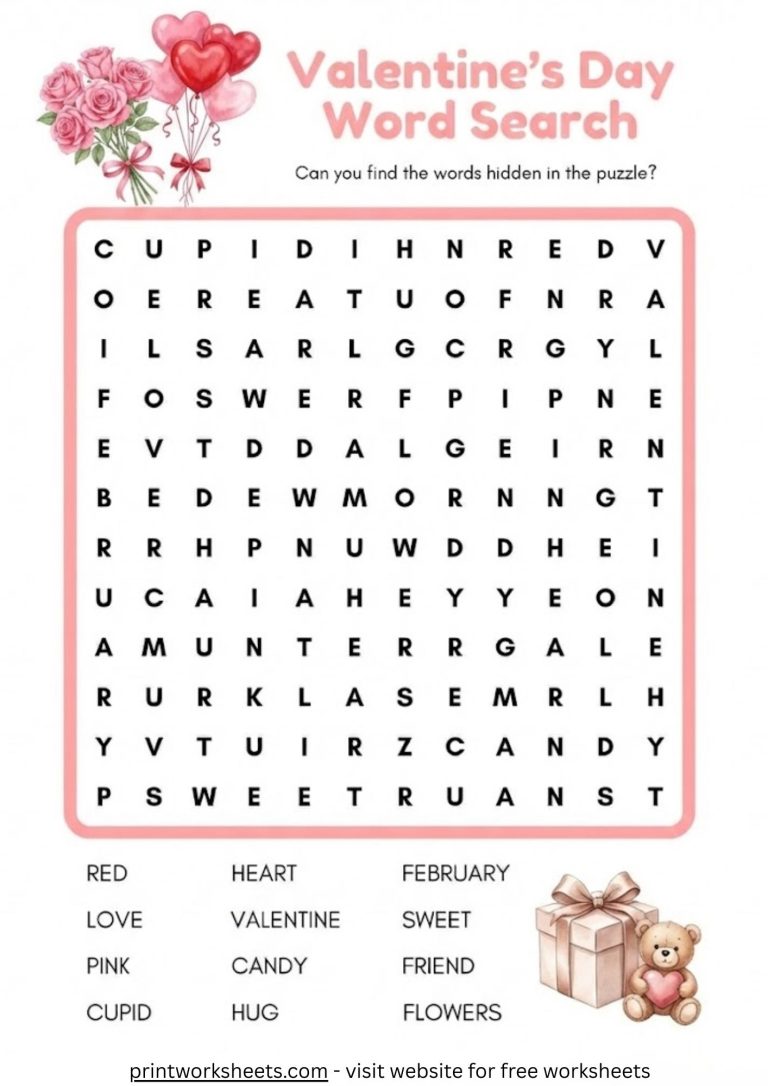 Free printable Valentine's Day word search worksheet featuring common holiday vocabulary.