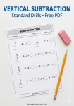 Vertical subtraction worksheets within 5 cover image with pencil.
