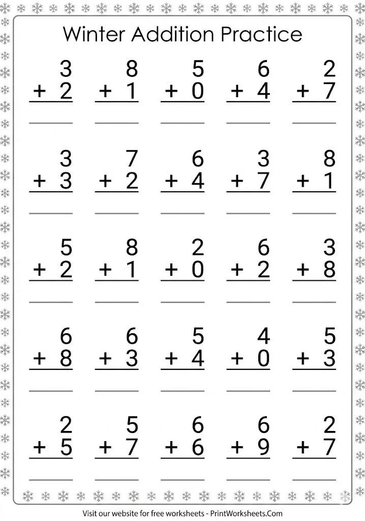 Printable vertical winter addition drills worksheet