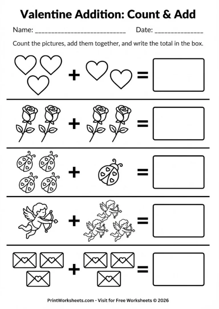 Simple visual addition worksheet with cupid pictures for early learners.