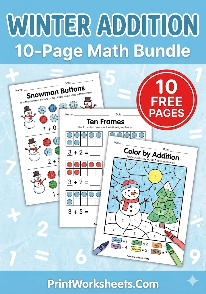 Winter Worksheets Worksheet - 10+ Free Winter Addition Worksheets for Kindergarten (PDF) | Free Printable