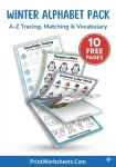 Cover image for 10 free winter alphabet worksheets PDF, showing a stack of pages.