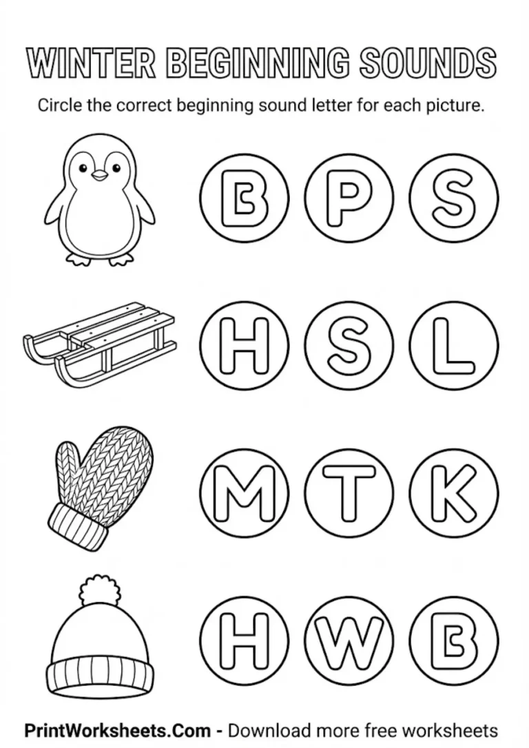Winter beginning sounds phonics worksheet
