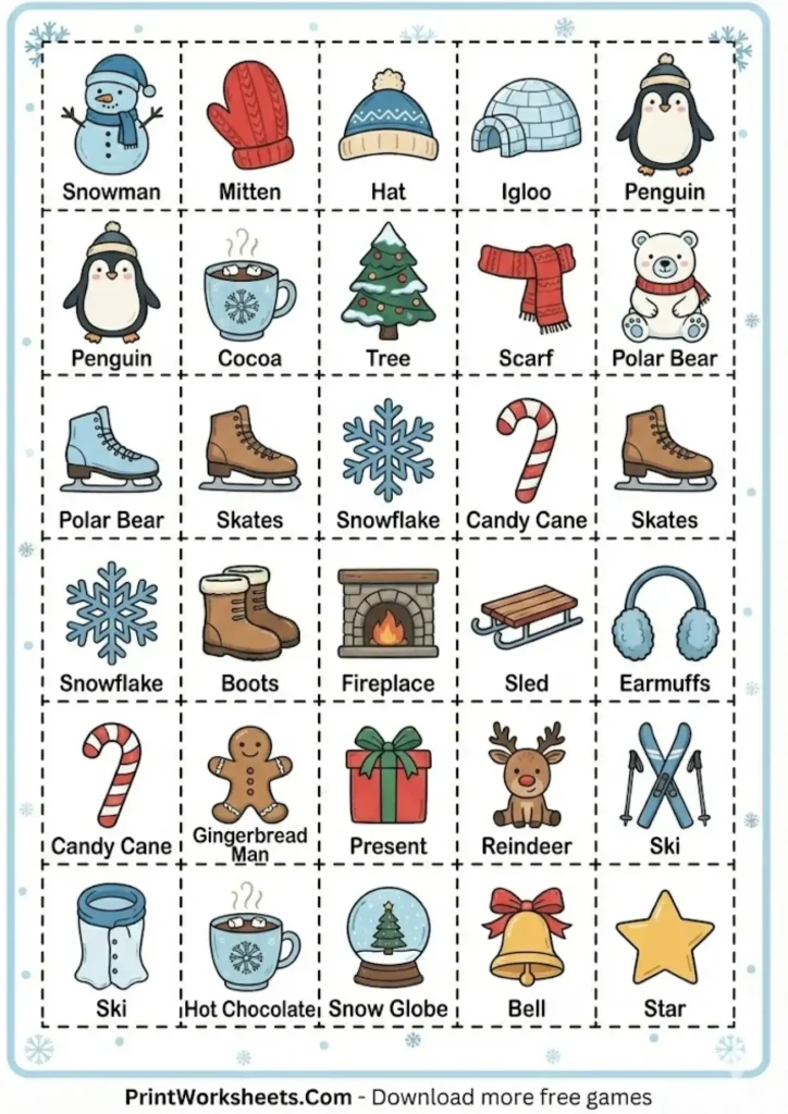 Cut out winter bingo calling cards