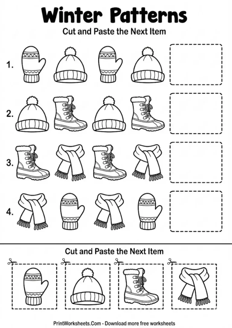 winter-clothes-pattern-cut-paste_PrintWorksheets.Com Winter clothing pattern cut and paste worksheet