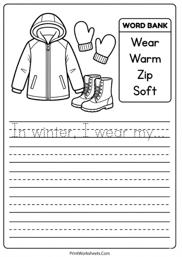 winter-clothes-writing-practice_PrintWorksheets.Com Winter clothes writing prompt with primary lines