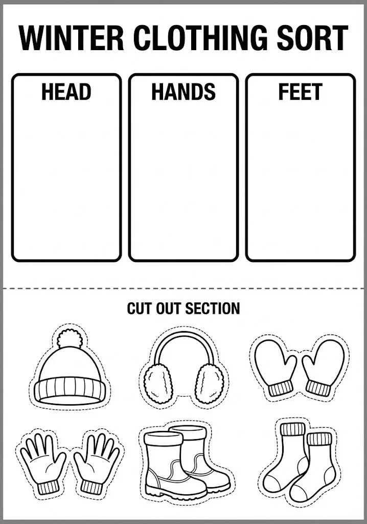 Winter clothing sorting cut and paste worksheet.