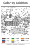 Winter cabin color by addition math worksheet.