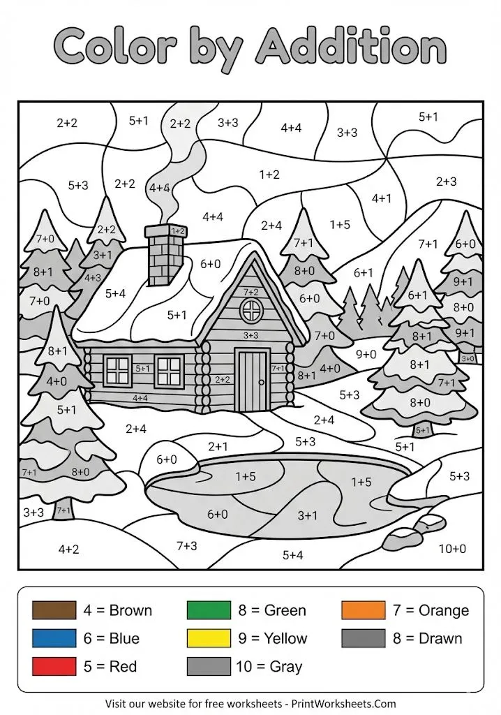Winter cabin color by addition math worksheet.