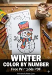 Free printable winter color by number worksheets on a desk.
